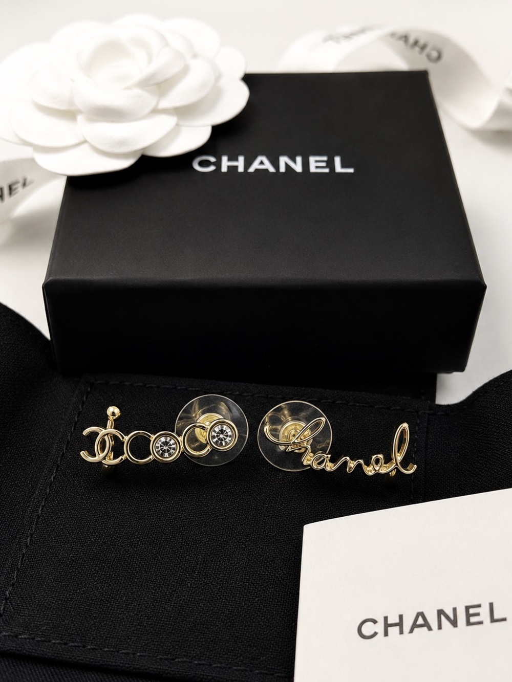 Authentic CHANEL Coco Script Logo Crystal Gold Tone Earrings Brand New
